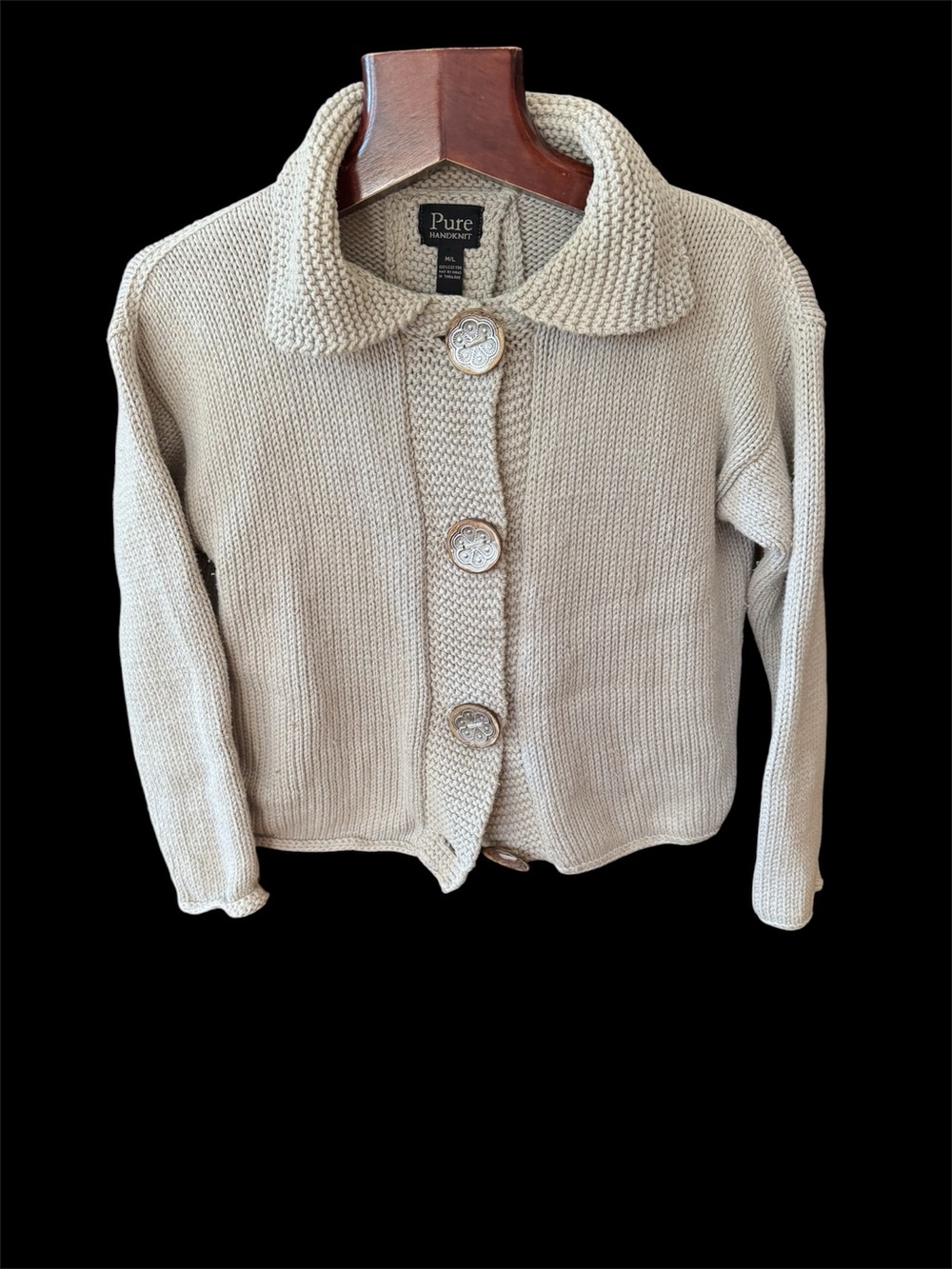 Women's Pure light grey cotton hand knit Button-Front size M/L Sweater like new